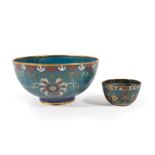 Chinese Cloisonné Enamel Bowl and Cup , Qing Dynasty (1644-1911), bowl exterior decorated with