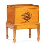 Adam-Style Satinwood Paint-Decorated Cellarette , 19th c., floral bordered top, baize lined