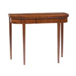 Regency Inlaid Mahogany Games Table , early 19th c., demilune foldover top, baize interior,