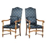 Pair of American Colonial-Style Mahogany Armchairs , padded backs and seats, scrolled arms, carved
