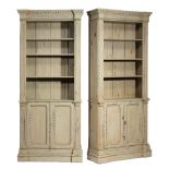 Pair of Antique Georgian-Style Painted Bookcases , 2nd quarter 19th c., blocked dentilated