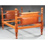 American Tiger Maple Four Poster Rope Bed , 19th c., turned posts with spherical finials, paneled