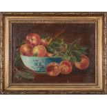 American School, 19th c ., "Still Life of Peaches in a Bowl", oil on canvas, unsigned, 10 1/4 in.