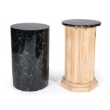 Two Decorative Pedestals , cylindrical faux marbre, the other with a marble top over a fluted