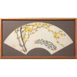 Chinese School, 20th c ., "Flowering Branches", ink and color on paper fan painting, h. 8 in., w. 22