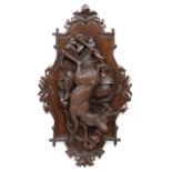 Large Black Forest Carved Walnut Wall Plaque , c. 1900, oak leaf and branch backplate, with brace of