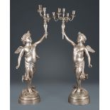 Pair of Continental Silvered Metal Figural Candelabra , winged cherub standard, h. 31 in., w. 9 1/