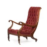Regency Carved Mahogany Library Chair , 19th c., scrolled back, button-tufted back and seat,