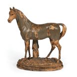 Antique French Terracotta Statue of a Horse , naturalistic oval socle self-base, imprinted signature
