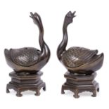 Pair of Chinese Goose-Form Censers , Qing Dynasty (1644-1911), each modeled seated on an hexagonal