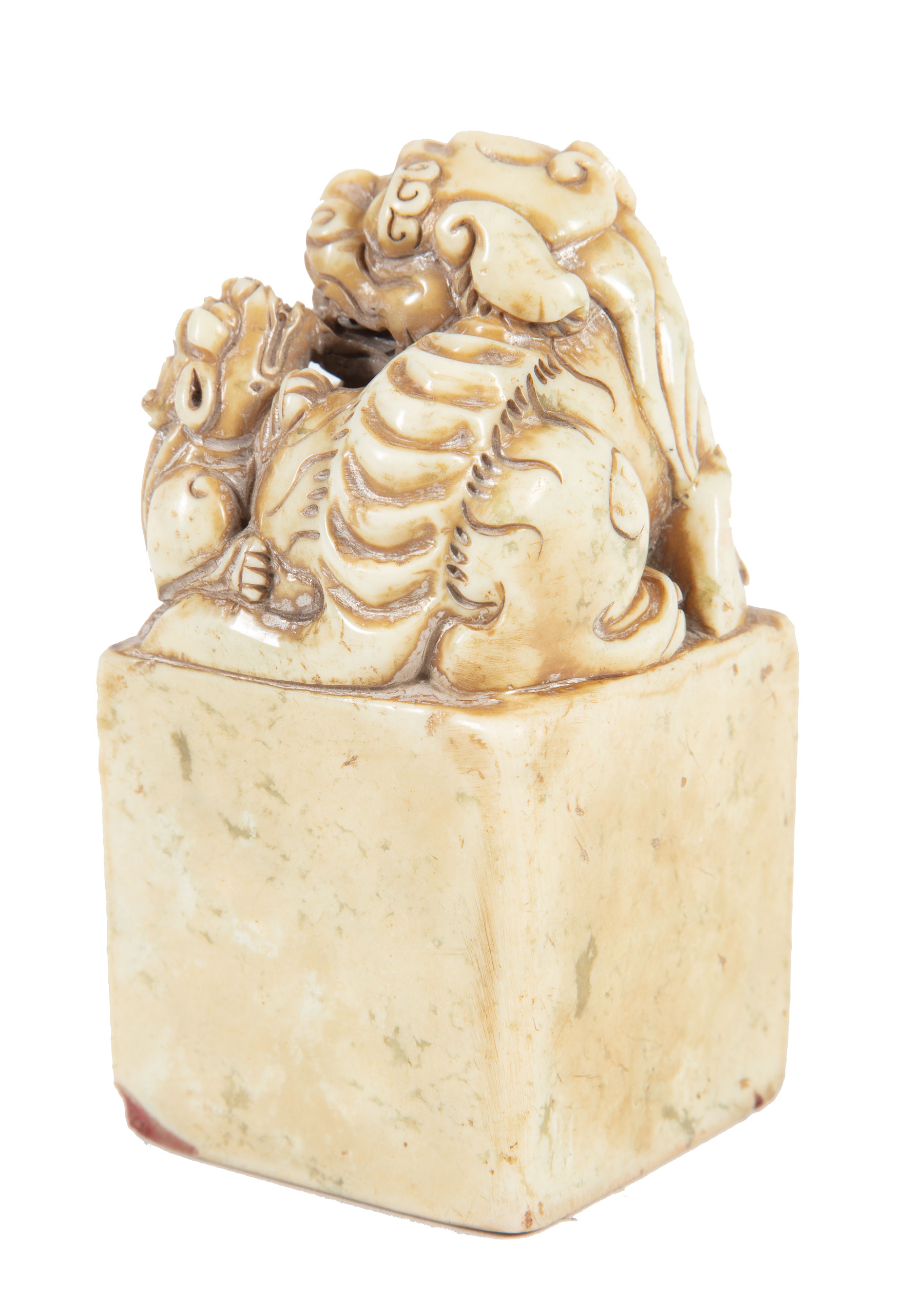 Chinese Soapstone Seal , carved with a Buddhist lion cradling its cub, carved chop, h. 3 1/2 in., w. - Image 2 of 3