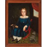 American School, mid-19th c ., "Portrait of a Girl in a Red Rocking Chair with a Dog and a Cat", oil