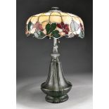American Art Nouveau Leaded Glass and Bronze Table Lamp , possibly Handel, splayed tulip-form