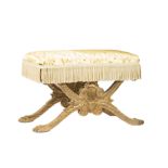 Regency-Style Gilt Curule Bench , tasseled dragonfly silk cushion, scale and shell base, h. 25