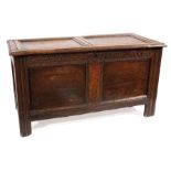 Spanish Colonial Oak Coffer , 18th/19th c., paneled molded lift top, carved interlocking-scroll