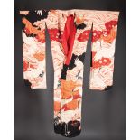 Japanese Painted Silk Furisode Kimono , decorated with cranes amid waves, embellished with couched