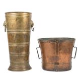 Antique English Brass Umbrella Stand and a Copper Bucket , early 20th c., stand marked "Peerage/MADE