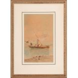 Continental School, 19th/20th c ., "The Fishermen", watercolor on paper mounted to board,