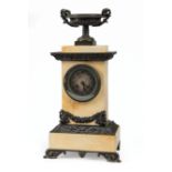 Napoleon III Bronze and Marble Mantel Clock , 19th c., surmounted by urn, silvered dial, silk-thread