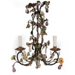 Diminutive French Tole Peinte and Porcelain-Mounted Three-Light Chandelier , electrified, h. 17 in.,