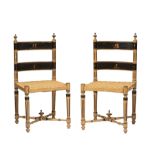 Pair of Italian Creme Peinte and Ebonized Side Chairs , 19th c., figural painted backslats, stop-