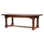 Hardwood Refectory Table , breadboard end top, ring turned and blocked legs, stretcher base , h.