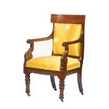 American Classical Carved Mahogany Armchair , early 19th c., Boston, tablet crest padded back,