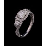 Platinum and Diamond Ring , center prong set cushion cut diamond, wt. approx. 1.08 cts., I color,
