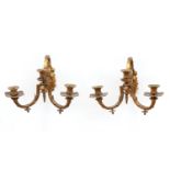 Pair of Antique American Gilt Bronze Three-Light Wall Sconces , 19th c., scroll and foliate
