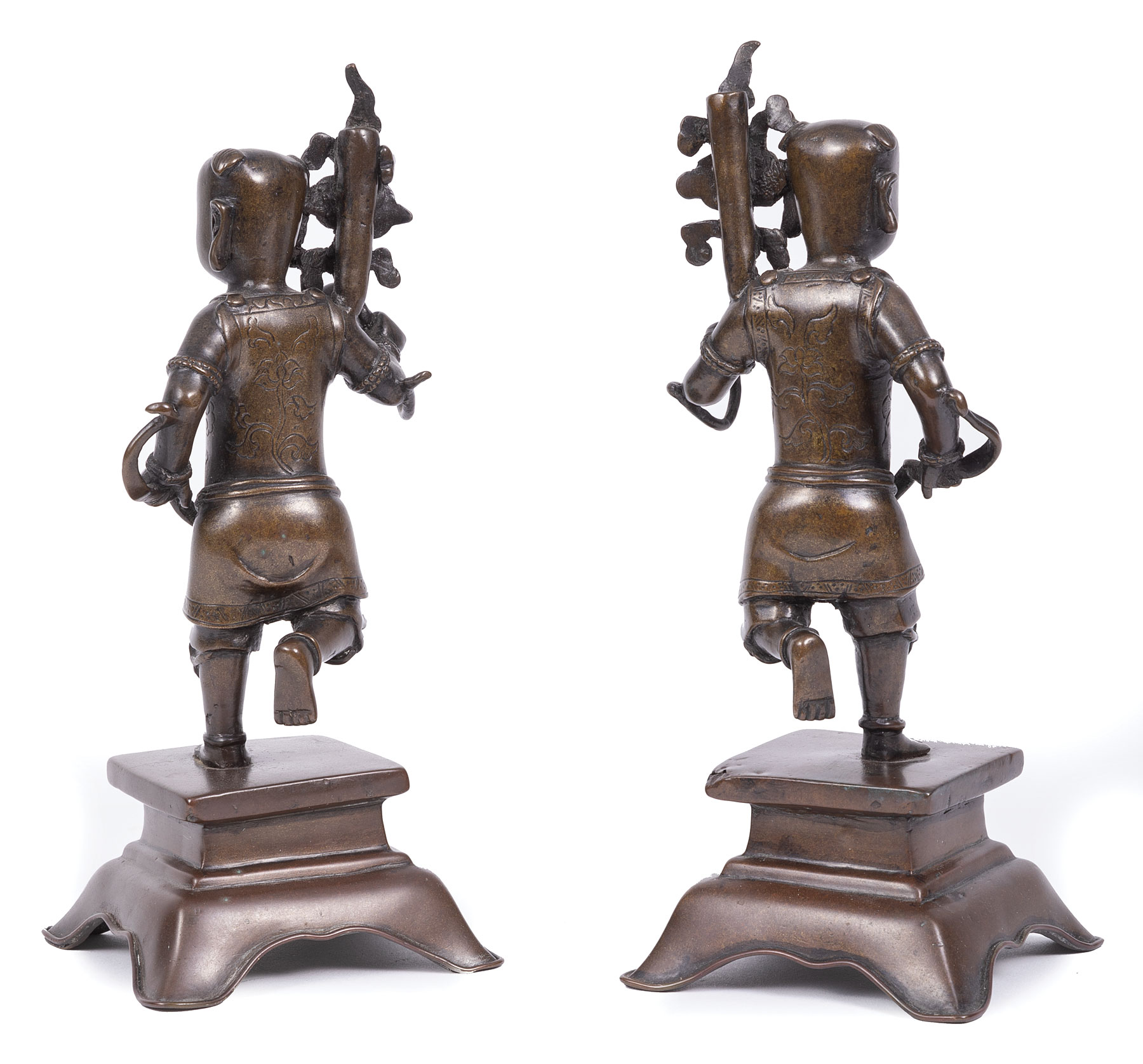 Pair of Chinese Bronze Figural Incense Stick Holders , Qing Dynasty (1644-1911), each modeled in - Image 2 of 2