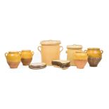 Six Antique French Yellow Glazed Pottery Pieces , incl. 4 confit pots, largest h. 7 3/4 in., and 2