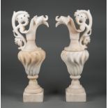 Pair of Italian Carved Alabaster Ewers , c. 1900, foliate handles, spiral carved body, socle base,