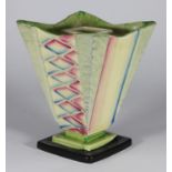 A Myott. Son & Co flower vase of square tapering form, on stepped base, decorated with blue, pink