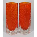 A pair of Geoffrey Baxter for Whitefriars Tangerine glass 'Nailhead' style vases, each 20cm tall