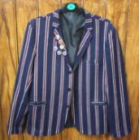 A Mens vintage navy blue and red boating blazer 1979-80, with six original MOD badges, silk inner