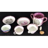 Five various items of 19th century Sunderland lustre pottery, including a two-handled mug, one