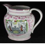 A 19th century Sunderland Lustre jug, of typical form, the front transfer printed in polychrome with