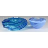 A small blue glass dish by Kosta Boda, together with a special commission candle holder by Murano