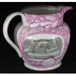 A 19th century Sunderland lustre jug, of typical form, one side with a transfer printed,