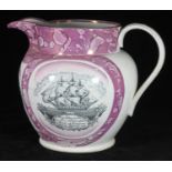 A 19th century Sunderland lustre pottery jug, of typical form, one side decorated with a scene of