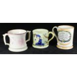 Three assorted 19th century pottery frog mugs, comprising a twin-handled Sunderland Lustre