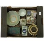 A mixed lot of Oriental ceramics including small bowls, twin-handled vase, brass dishes, Indian