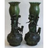 A pair of bronze cast art nouveau 'style' vases with verdigris patination, cast with globular