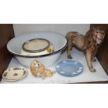 SECTION 16. Three large white enamel bowls with black rims, together with a large Italian pottery