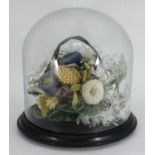 A Victorian knitted and artificial leaf centre display, fashioned as flowers in a basket, under