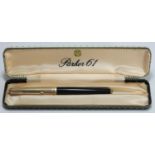 A Parker 61 Custom fountain pen, in black with gold-plated cap and fittings, in original fitted