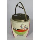 A Clarice Cliff 'Applique Idyll' pattern biscuit barrel decorated with a crinoline lady, silver-