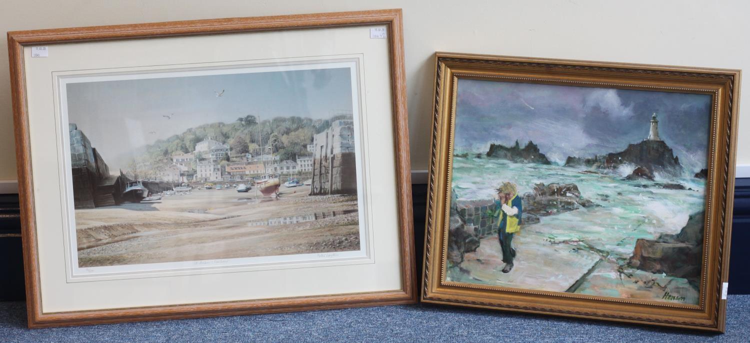 Henson (20th century) figure at Corbiere Lighthouse causeway, Jersey, oil on board, 40x50cm,