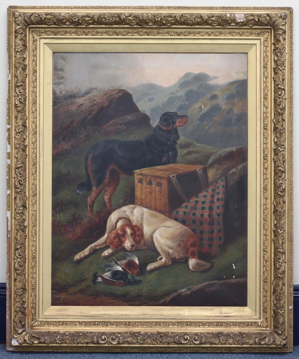 Walter Andrews after Robert Cleminson, two hunting dogs with dead game and wicker basket in Highland