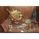 SECTION 35. A quantity of brassware and wooden items including a floral shaped tray, pair of